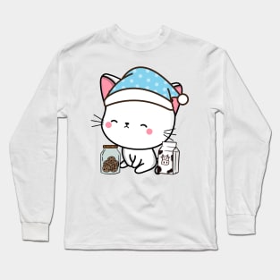 Funny white cat is having a midnight snack Long Sleeve T-Shirt